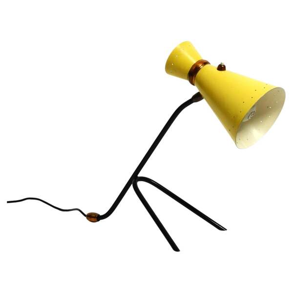 Beautiful Large Mid Century Tripod Table Lamp With Yellow Diabolo Lampshade