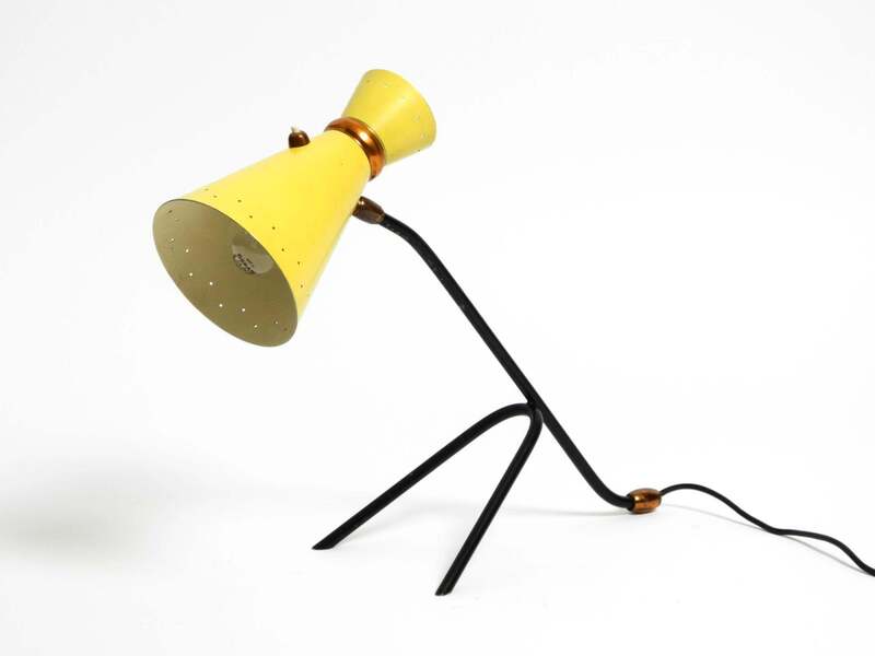 Beautiful Large Mid Century Tripod Table Lamp With Yellow Diabolo Lampshade photo for sale