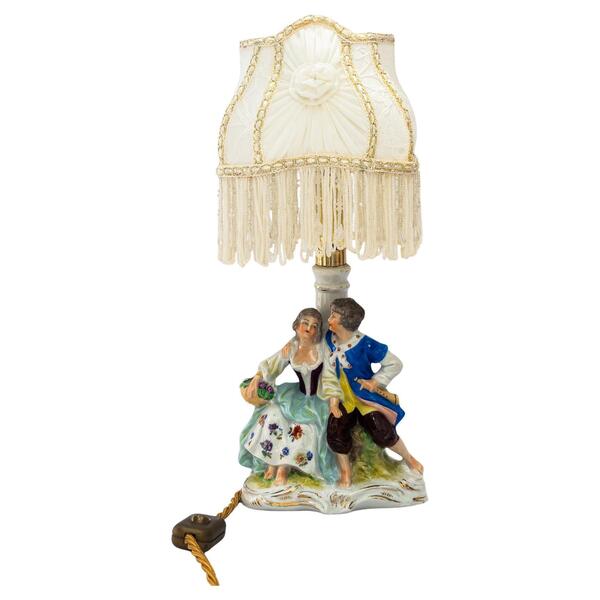 Porcelain Table Lamp With Original Fabric Shade Vienna Around 1960s