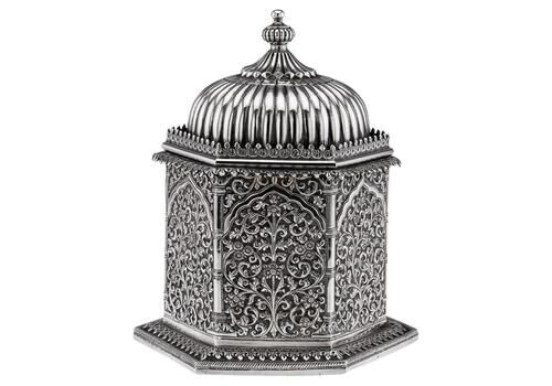 Antique 19th Century Indian Kutch Solid Silver Temple Shaped Tea Caddy C.1880