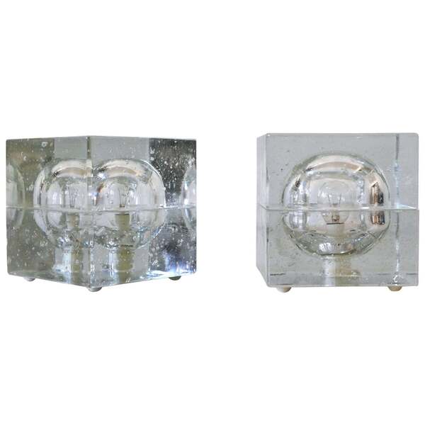 Set Of Two Hand Blown Ice Glass Cube Table Lamps By Müller & Zimmer Germany