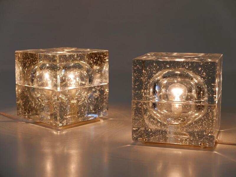 Set Of Two Hand Blown Ice Glass Cube Table Lamps By Müller & Zimmer Germany photo furniture