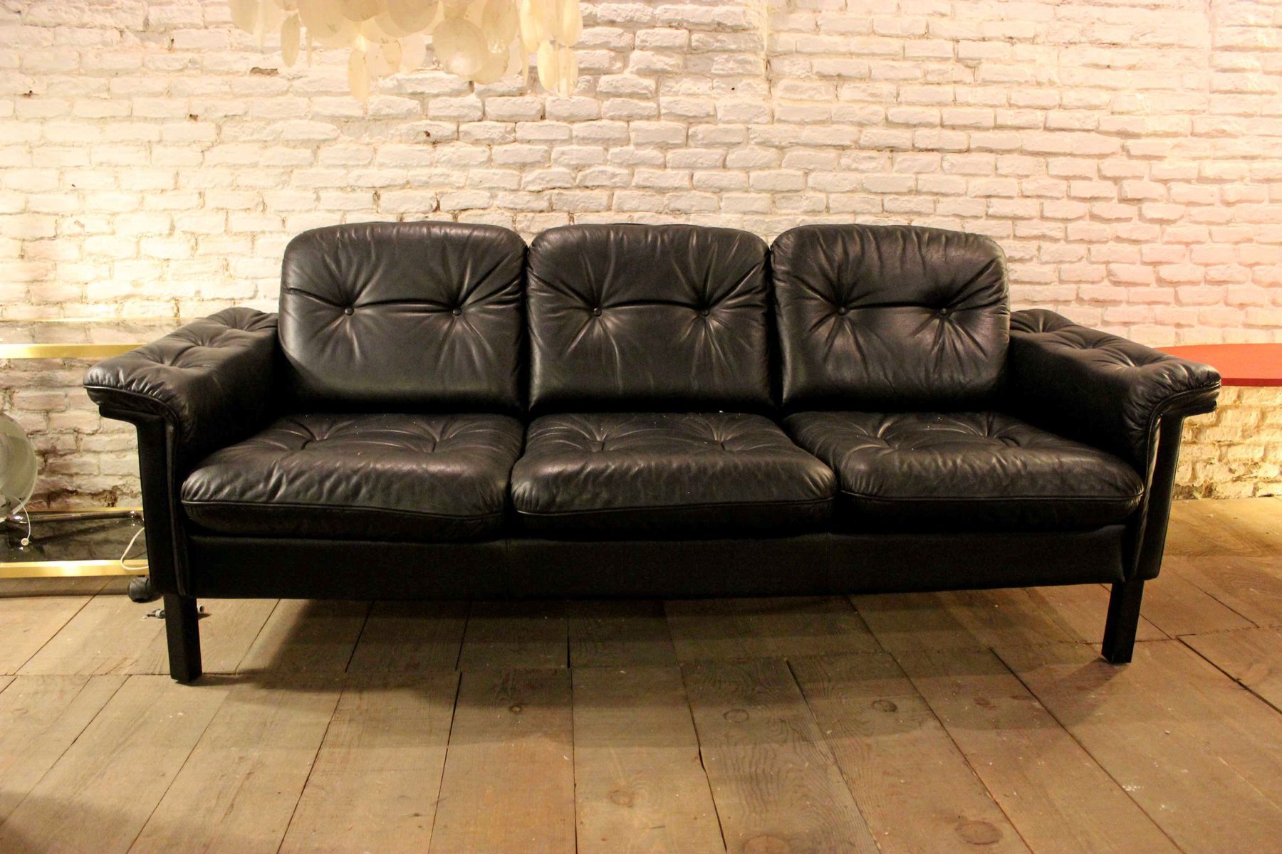 Vintage Black Leather Sofa 1970s