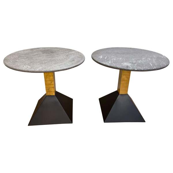 Pair Of Gray Granite And Brass Side Tables, Italy, 1980s