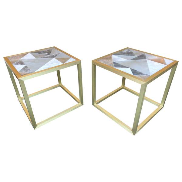 Contemporary Pair Of Brass Cube Tables Alabaster By Antonio Cagianelli, Italy