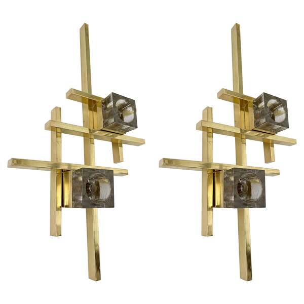 Contemporary Brass Murano Glass Cubic Sconces, Italy