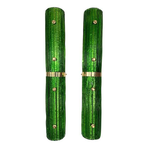 Contemporary Pair Of Brass And Green Murano Glass Sconces, Italy