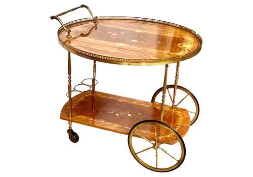 1950s Italian Drop Leaf Bar Cart With Brass And Marquetry