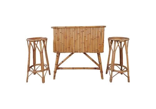 Vintage Rattan Tiki Bar Set With Two Rattan Stools