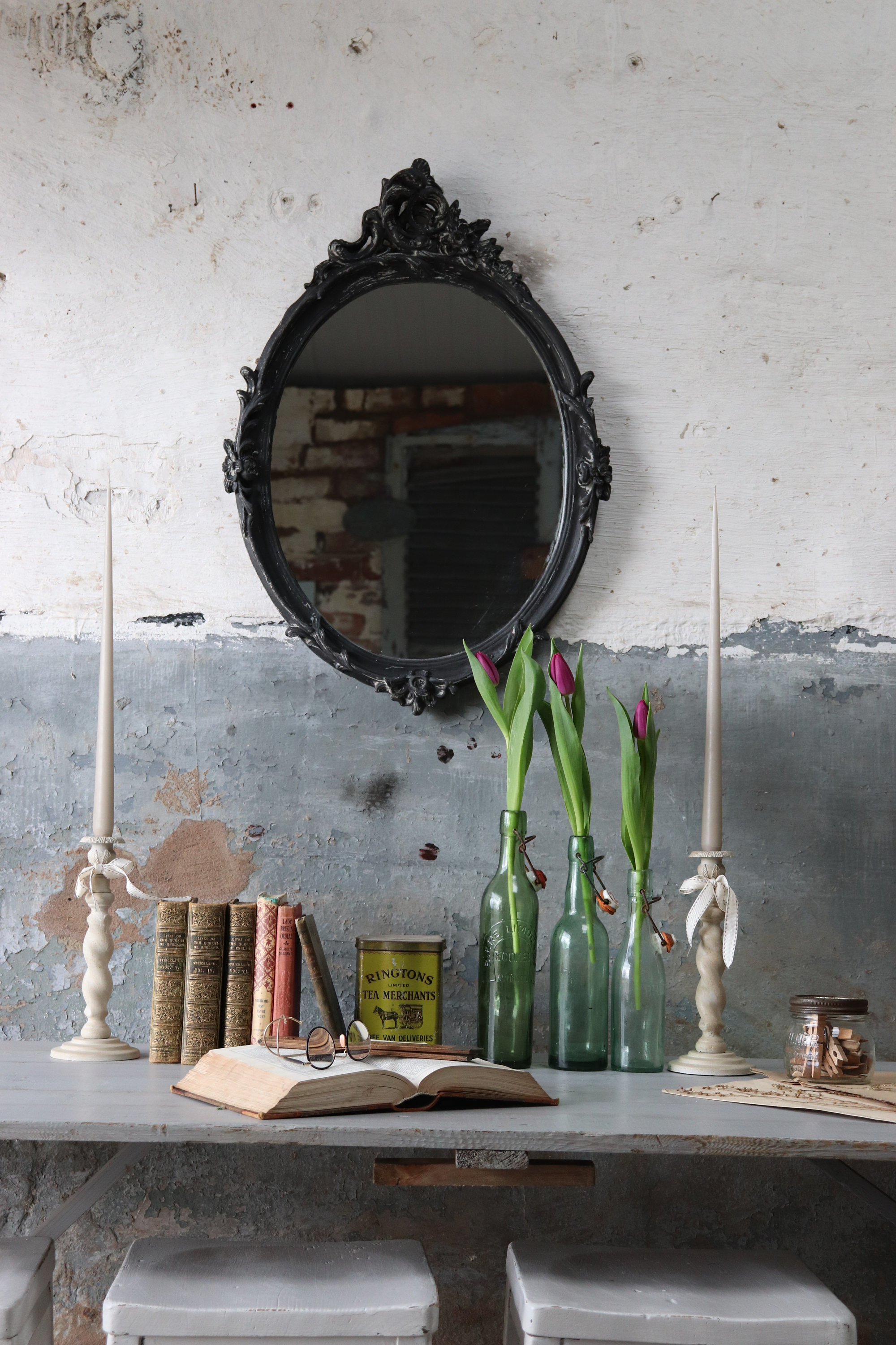 Beautiful Vintage French Crested Oval Mirror In Charcoal Vinterior