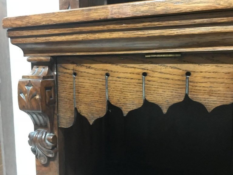 Large Gothic Revival Oak Bookcase With Burr Oak Doors And Hinged Dust