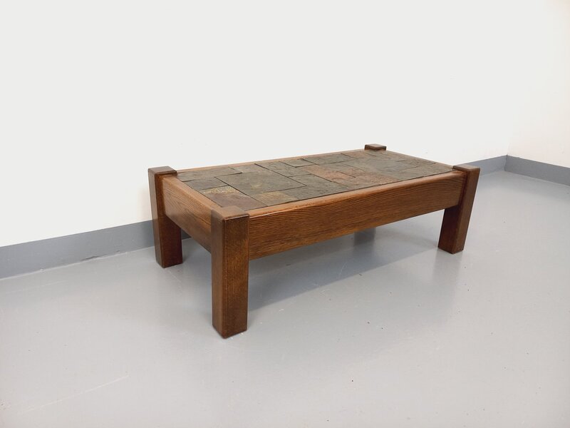 Brutalist Rectangular Coffee Table In Oak And Slate