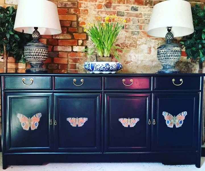 Large Antique Black Sideboard Vintage Navy Blue Sideboard Credenza