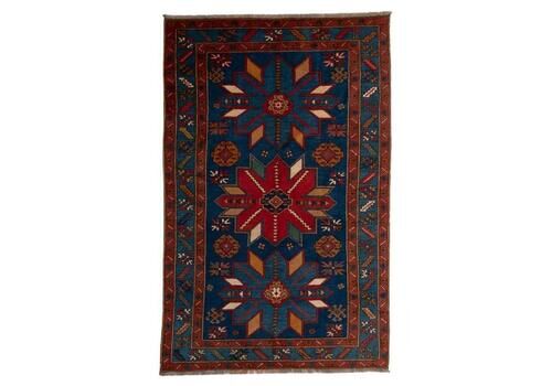 Handknotted Kazak Wool Carpet In Blue Turquise Red Brown Geometric Design 1960s