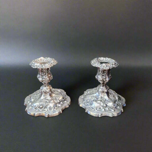 Heavy Pair Of Dwarf Hexagonal Based Silver Candlesticks With Embossed Berries And Vines Made In Birmingham 1904 By Deykin And Harrison
