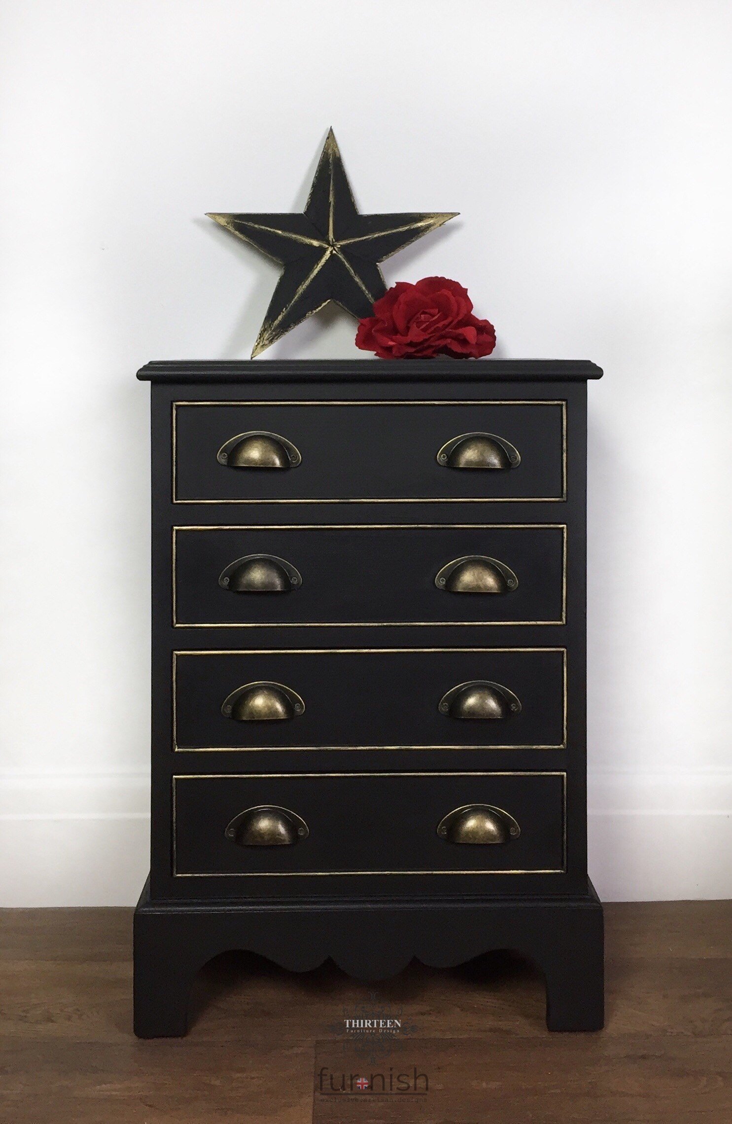 Black And Gold Bedside Small Chest Of Drawers Hand Painted With