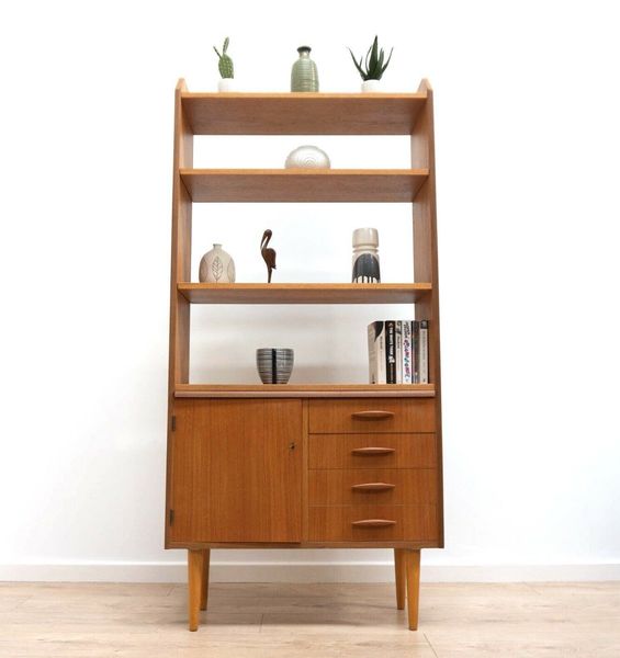 Stylish Mid Century Swedish Vintage Teak Shelving Drawers Desk Storage Unit 551 Vinterior