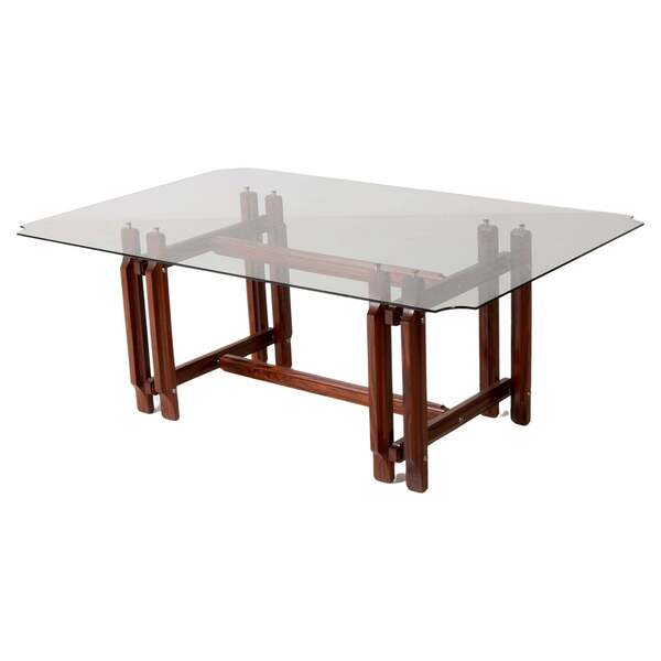 Big Wood Table Crystal Tempered Top By Vittorio Dassi, Italian Design 1960s