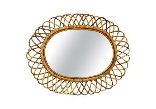 Mid Century Oval Mirror In Rattan And Bamboo, Attributed To Franco Albini, 1960s
