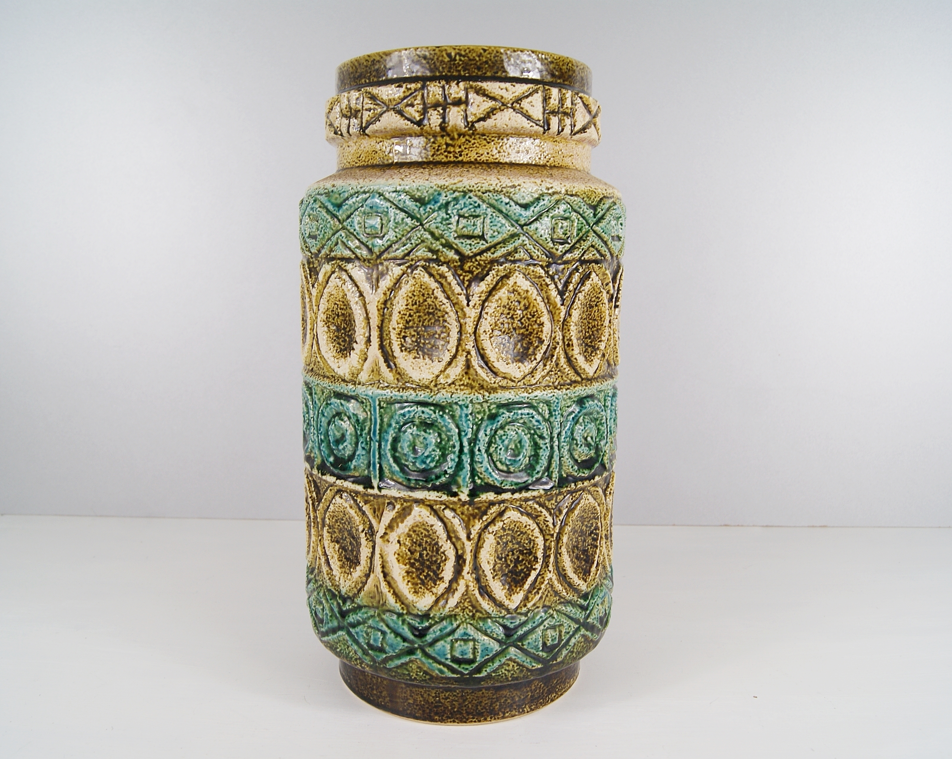 Mid Century Vase Of Bay Pottery Floor Vase Turquoise Ocher Ocean