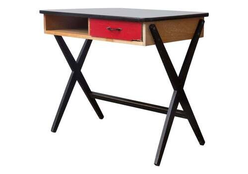 1954, Coen De Vries For Devo Wooden Writing Desk With Red Drawer And Formica Top