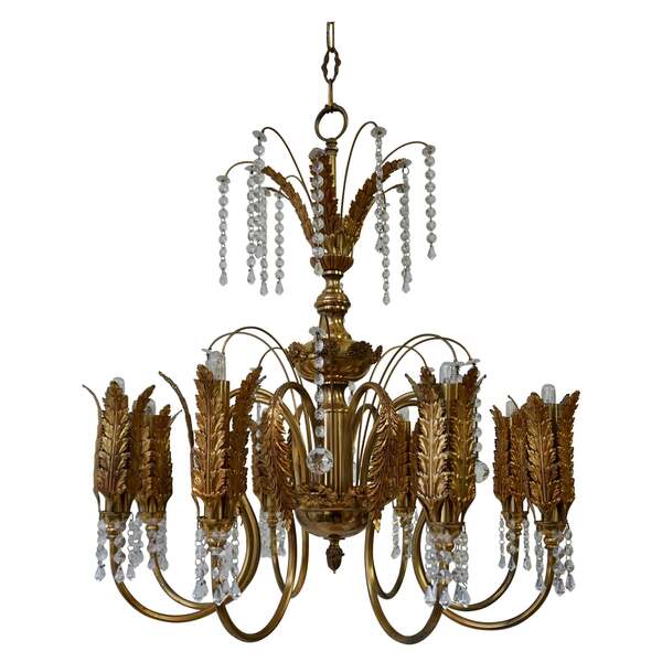 Gilt Palm Leaf Hollywood Regency Chandelier With Crystal