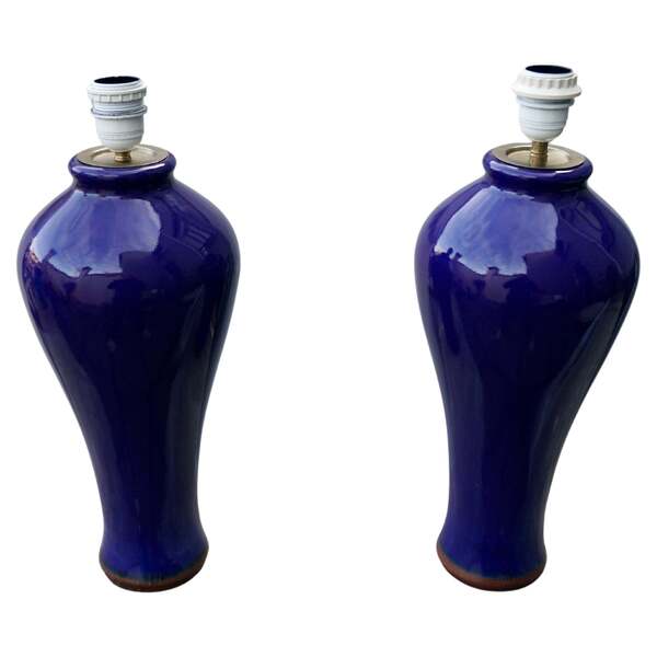 Pair Of Cobalt Blue Vases, Wired Into Lamps