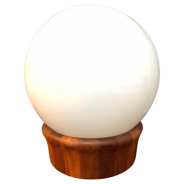 Vintage Mid Century Teak And Opaline Glass Table Lamp