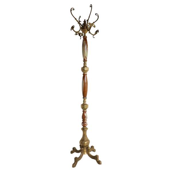 Italian Ornate Antique Brass Onyx Brown Marble Coat Hat Rack