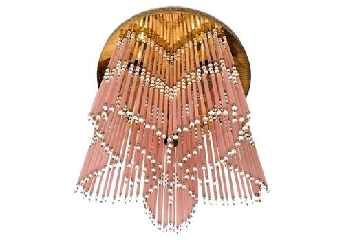 Gilt Hollywood Regency Star Shaped Chandelier, Straw Fringe In Pink Murano Glass