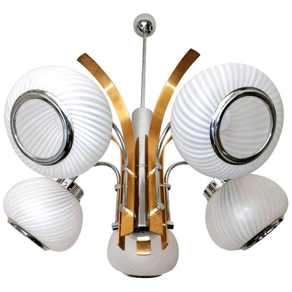 Large Italian Gilt & Chrome Palm Tree Midcentury Chandelier In Arredoluce Style