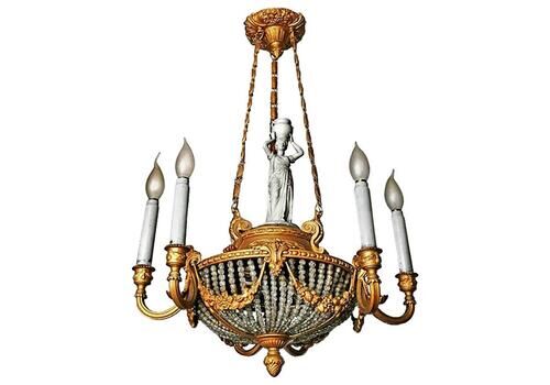 19th Century French Art Nouveau Empire Caryatid, Gilt Bronze & Beaded Chandelier