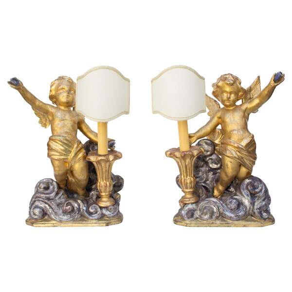 Pair Of 18th Century Italian Gilded And Hand Carved Angel Lamps On Silver Clouds