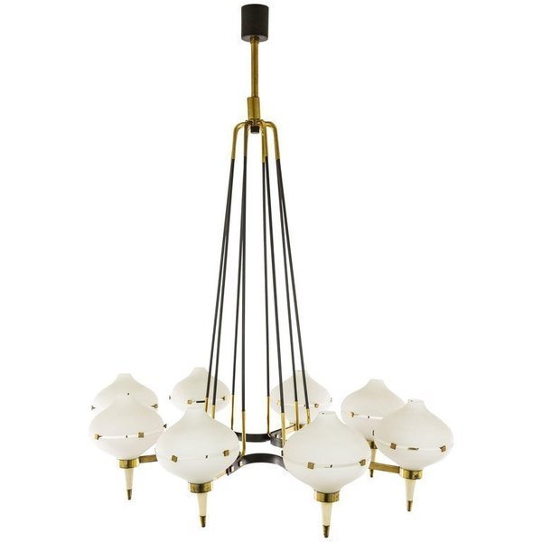 Chandelier by Stilnovo in metal, brass & glass, 1950s | #65841 Chandelier by Stilnovo in metal, brass & glass, 1950s | #65841