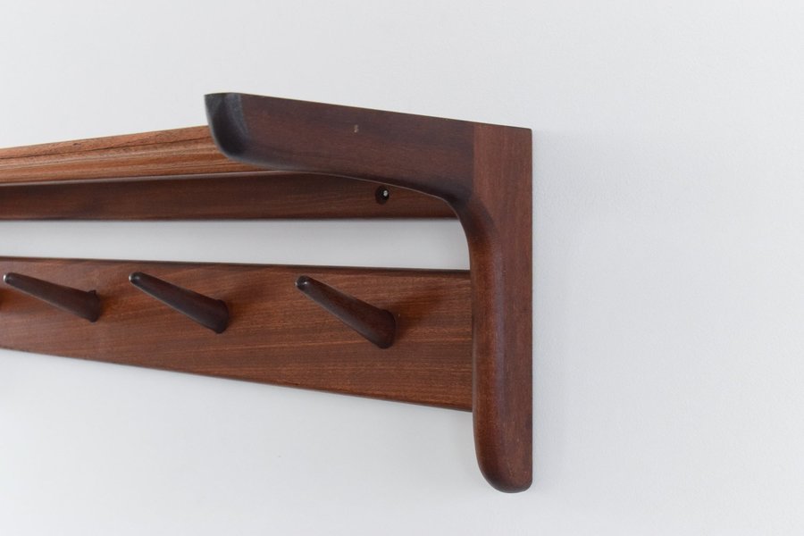 Vintage Mid Century Modern Teak Wall Mounted Coat Rack With Parcel Shelf Vinterior