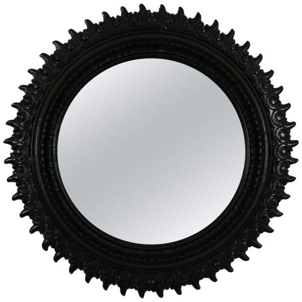 Sunburst Mirror In Black Patinated Carved Wood By Francisco Hurtado, Spain 1950s