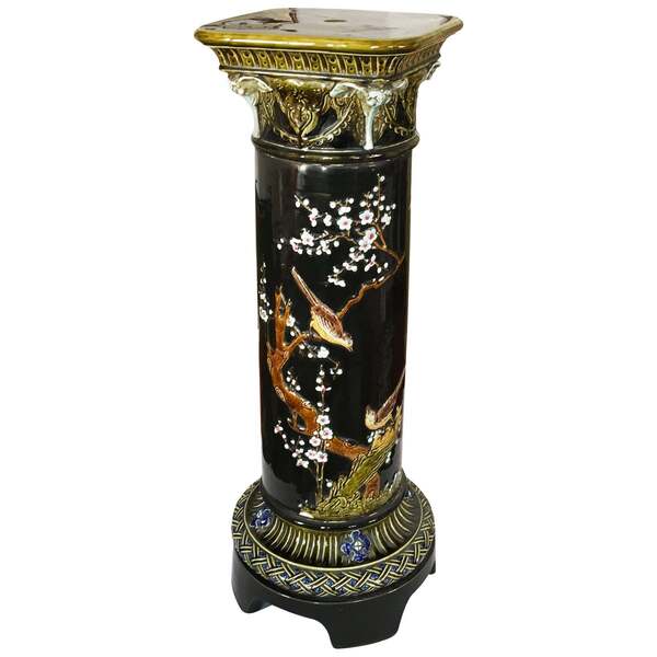 Huge Ceramic Column Flower Stand With Asian Motifs