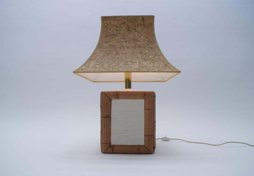 Ceramic Table Lamp With Cork Shade In Japan Bamboo Look By Leola, 1970s, Germany photo furniture
