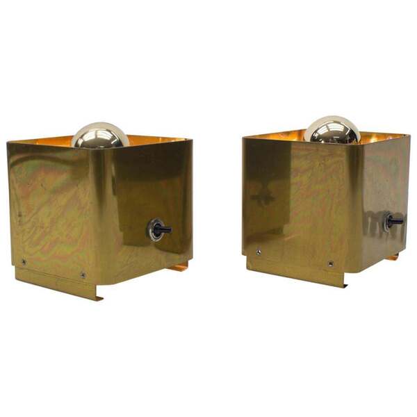 Pair Of Midcentury Cube Table Lamps In Brass, 1960s