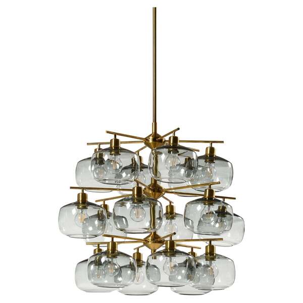 Large Ceiling Lamp In Brass And Glass By Holger Johansson, 1952