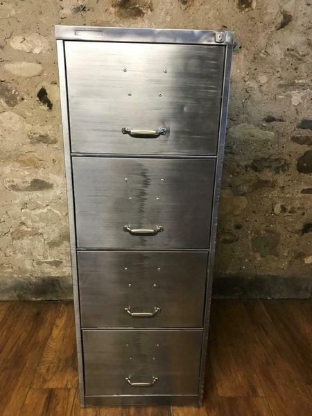Vintage Industrial Stripped Metal 4 Drawer Filing Cabinet With Foolscap Hangers Vinterior