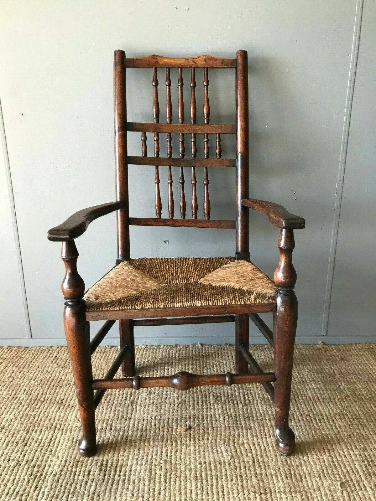 Antique Lancashire Spindle Back Rush Seat Carver Fireside Chair 19th