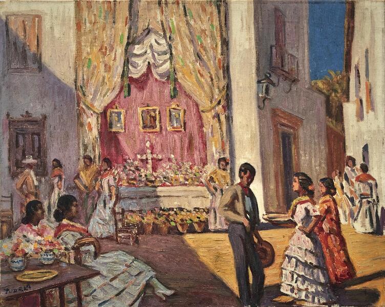 Joaquin Tudela Celebration In The Square Oil On Canvas Painting C.1930