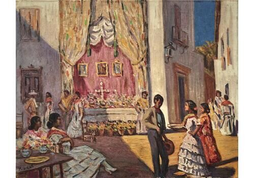 Joaquin Tudela Celebration In The Square Oil On Canvas Painting C.1930