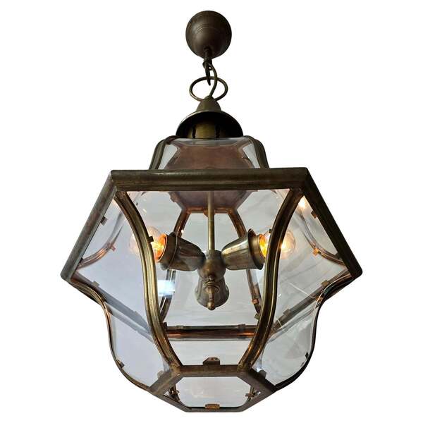Italian Copper Lantern Ceiling Light With Curved Glass photo furniture