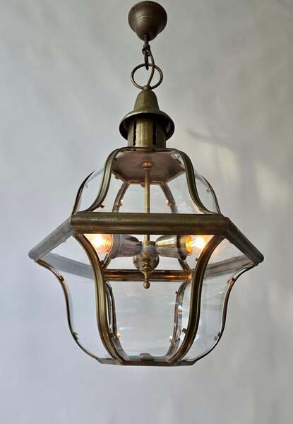Italian Copper Lantern Ceiling Light With Curved Glass photo Lighting