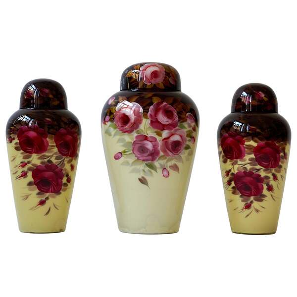 Set Of Three Floral Glass Art Deco Vases