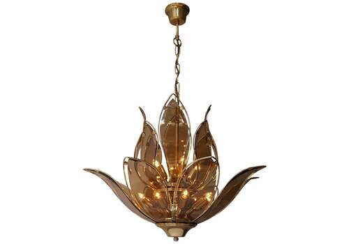 Two Italian Lotus Chandeliers In Brass And Murano Glass