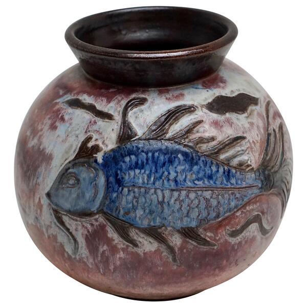 Large Ceramic Vase With Fish Decor, Belgium, Circa 1930s