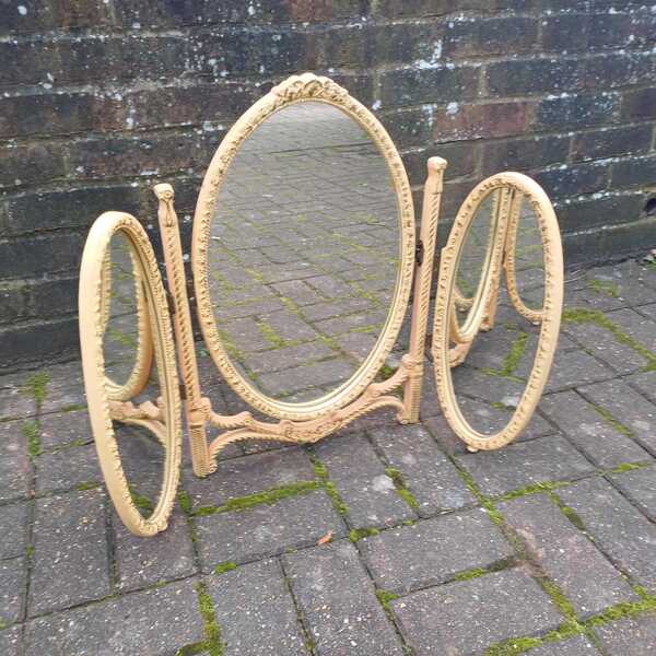 Classic Vintage Retro Kitsch Tri Fold Composite Plastic Victorian Style Dressing Table Mirror – Dark Cream With Gold Highlights